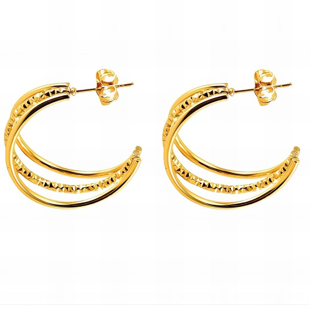 18K Gold Plated Stainless Steel Hoop Earrings Textured Layered